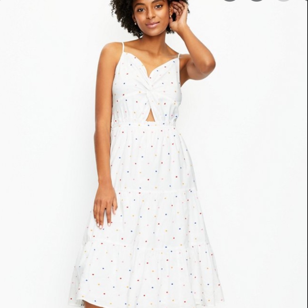 NEW PETITE DOTTED TWIST TIERED MIDI DRESS Size 0P